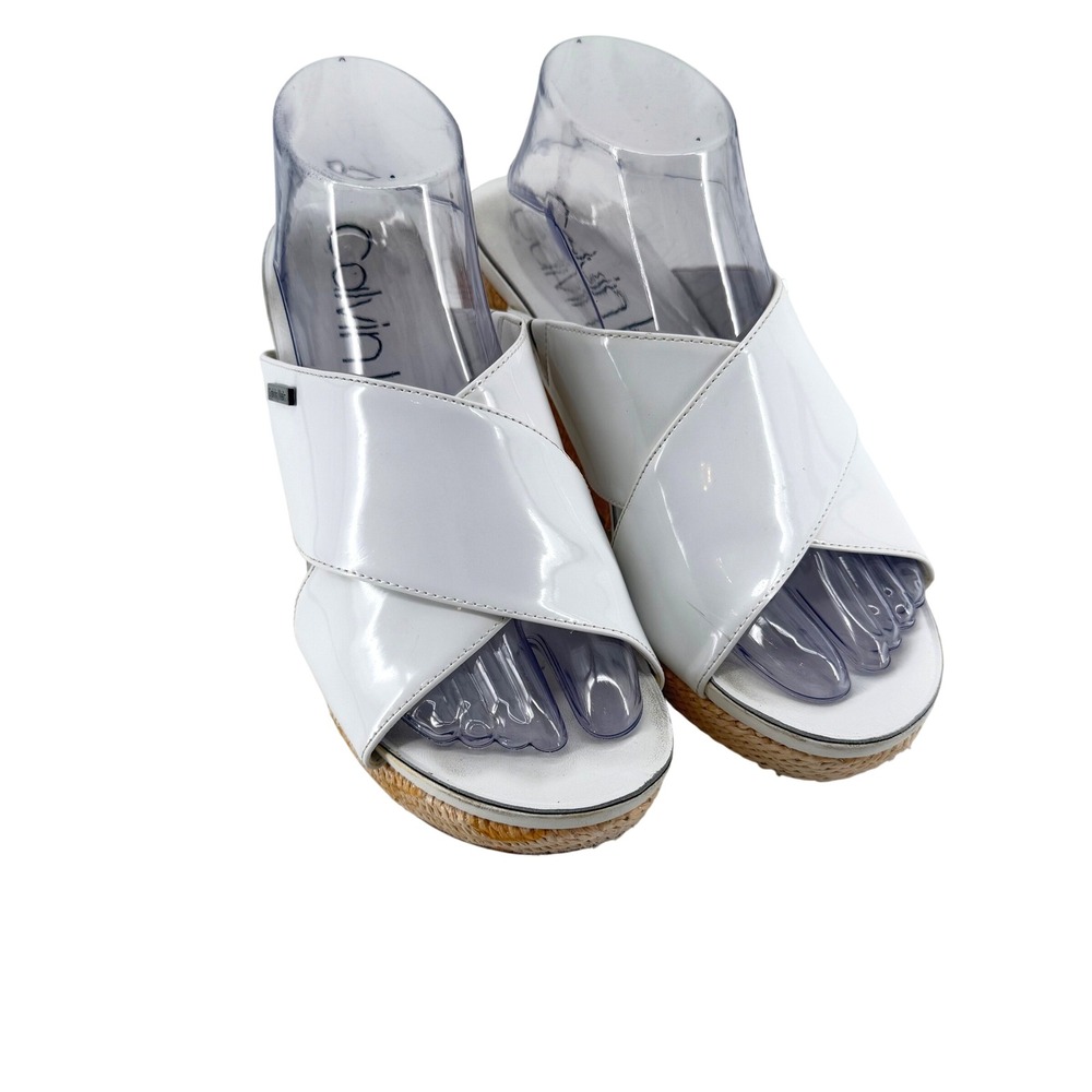 Calvin Klein Jacolyn White Patent Leather Raffia Wedge Sandals Womens 10